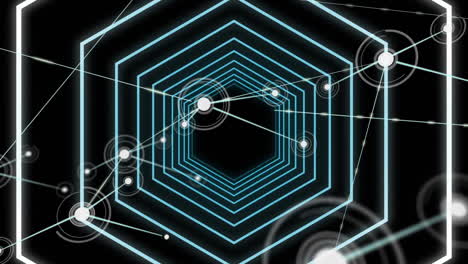 network of connections against neon blue glowing hexagonal tunnel on black background