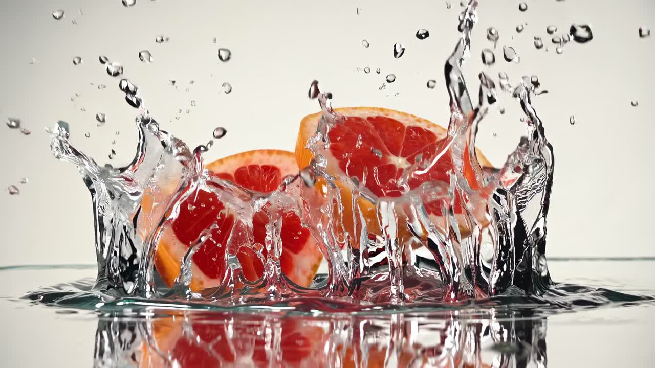 Falling grapefruit slices creating a dramatic crown splash in water, sending droplets flying against a sleek gray background, while reflecting vibrant colors and freshness