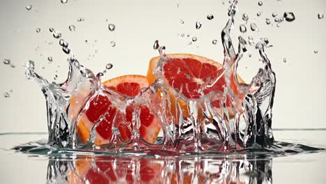 falling grapefruit slices creating a dramatic crown splash in water, sending droplets flying against a sleek gray background, while reflecting vibrant colors and freshness