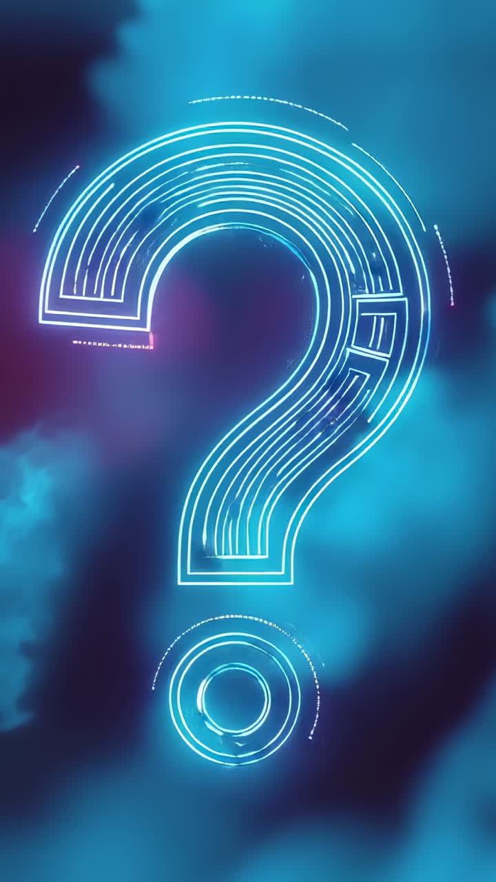 Vertical video: Playing neon question mark tracing circuit lines in phone frame, with pulsing rings