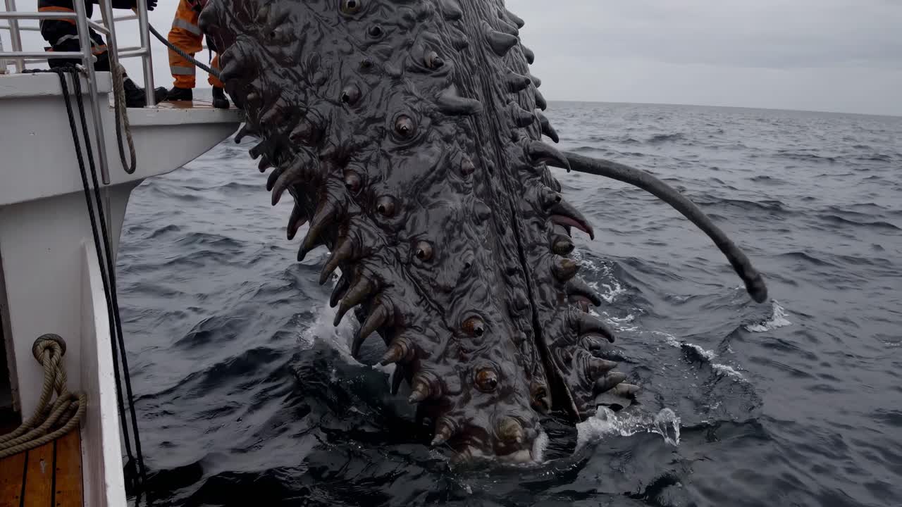 Maritime researchers extracting enormous, dark hued tentacled organism with multiple eyes from deep oceanic environment during unexpected scientific marine investigation
