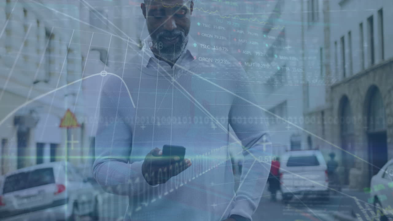 animazione dell'elaborazione dei dati finanziari su un uomo afroamericano che parla su uno smartphone per strada