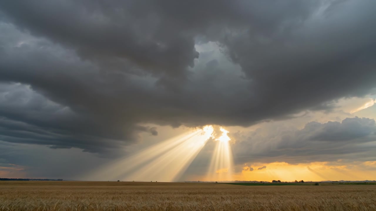 Raggi di sole che filtrano attraverso nuvole temporalesche scure su un vasto campo di grano dorato al tramonto