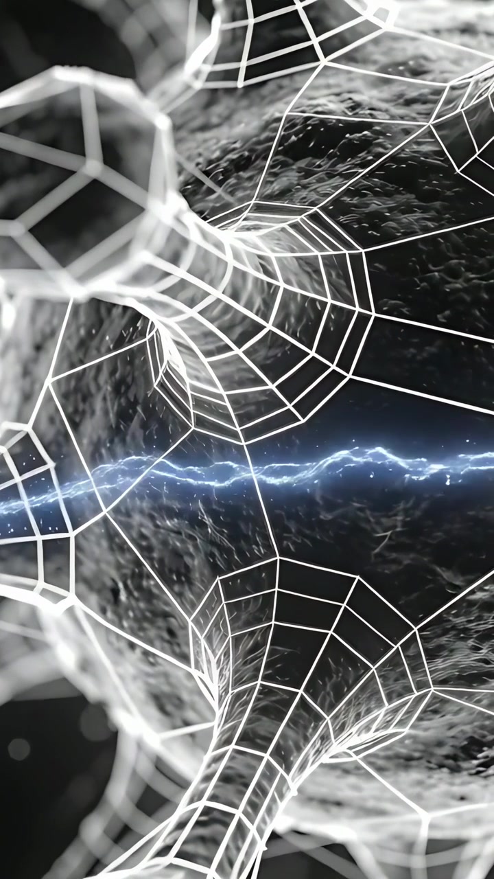 Video verticale: Linea luminosa che sale formando un arco blu attraverso una sfera scura con tubi e una rete che mostra i dettagli.