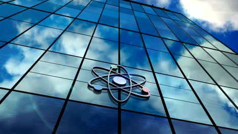Atom symbol glass skyscraper with mirrored sky loop animation