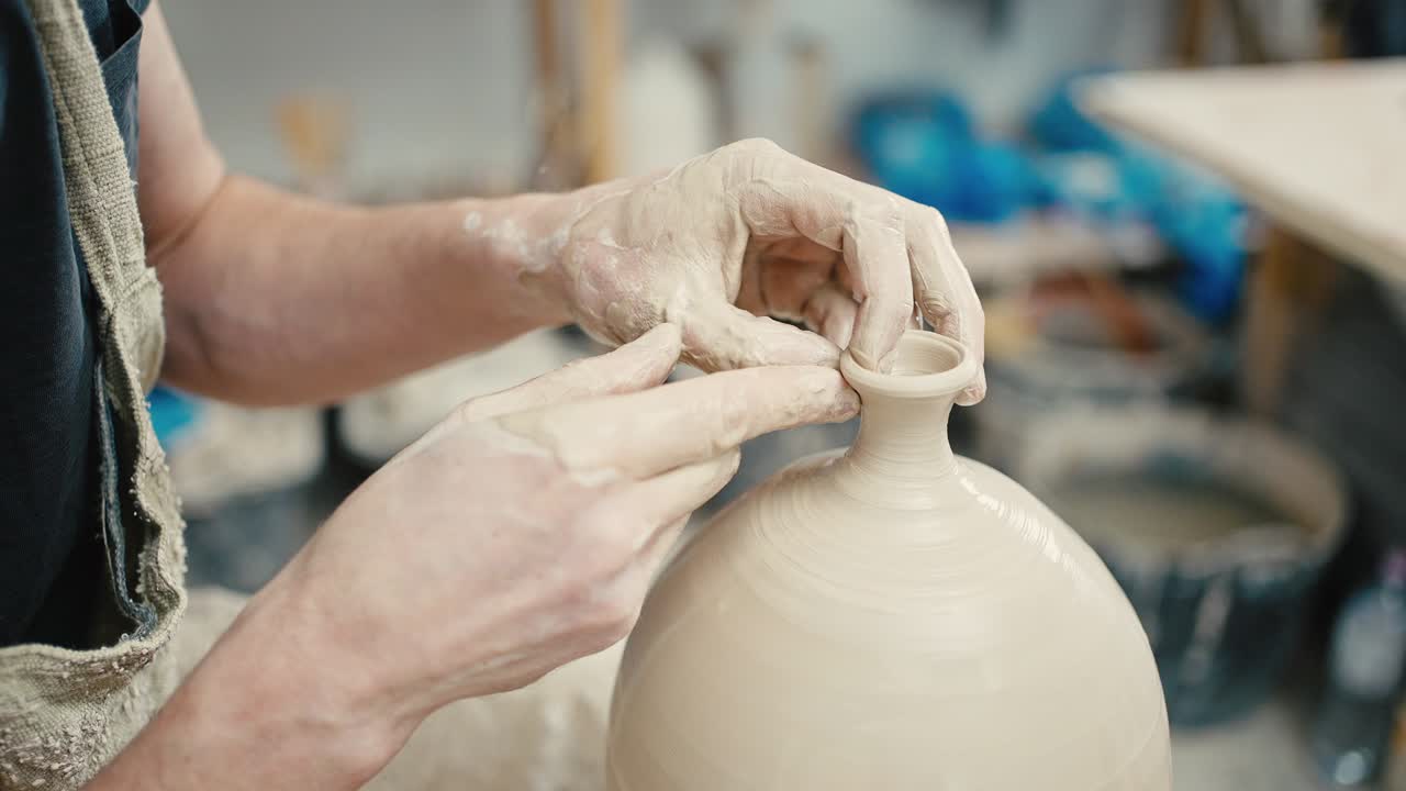남자 도자기의 손이 꽃병에 목을 형성하고, 도자기 바에서 일하고, 추적, 느린 동작