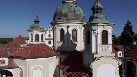 Aerial-View,-Church-of-Our-Lady-Victorious-in-Bílá-Hora-Neighborhood-of-Prague,-Czech-Republic,-Pedestal-Drone-Shot