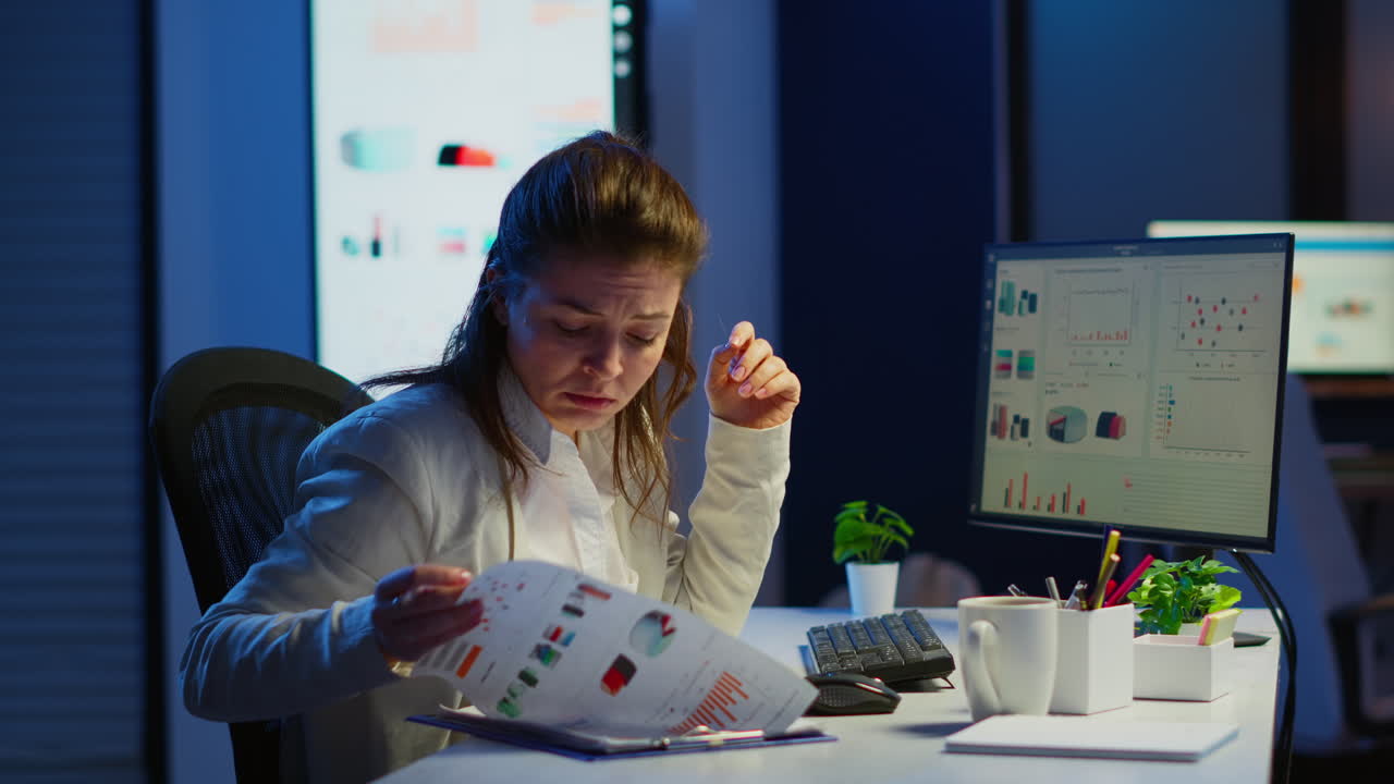 Tired freelancer comparing graphics from clipboard and computer