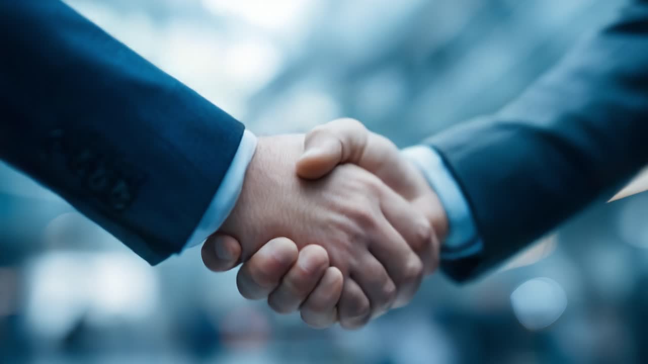 A Firm Handshake Between Two Business Professionals Signifying Agreement, Partnership, or New Opportunities in a Modern Corporate Environment with a Blurred Background Focus on Interaction