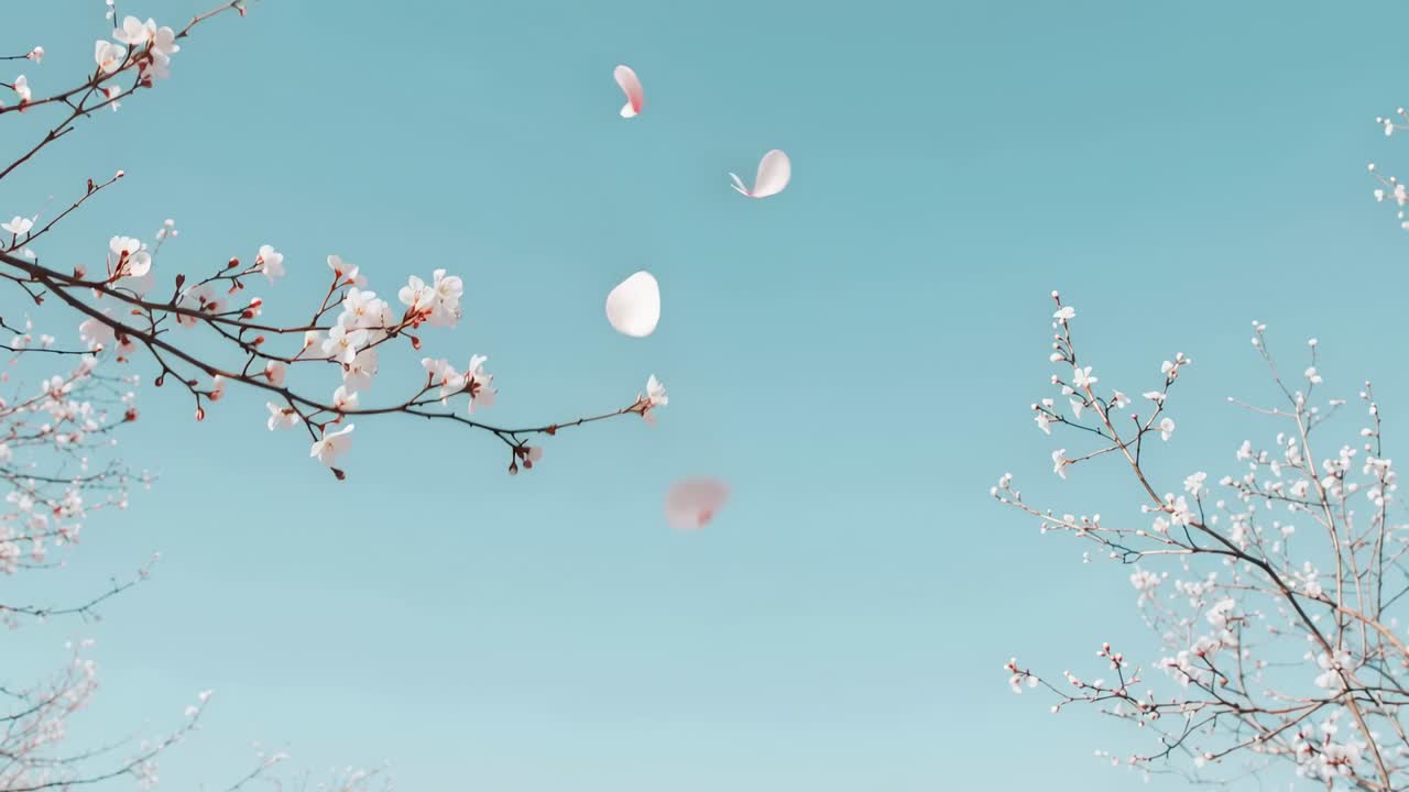 澄んだターコイズ色の空を背景に、二本の花咲く枝から花びらがそよ風に舞い上がり、下へと漂っていく