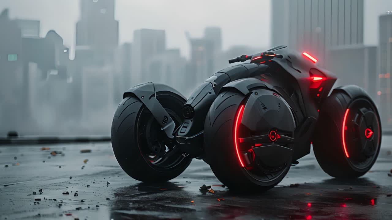 Sleek Futuristic Motorcycle with Red Neon Lights in a Dark City
