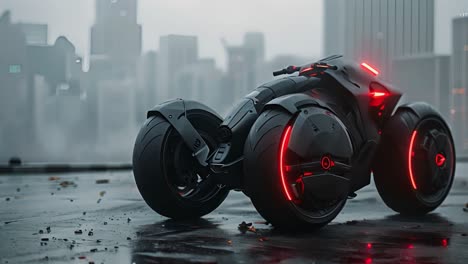 sleek futuristic motorcycle with red neon lights in a dark city