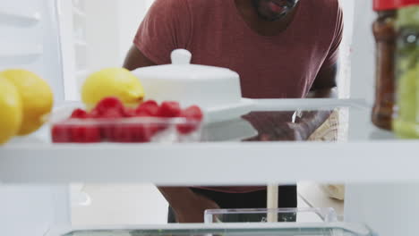 view looking out from inside of refrigerator as man opens door and unpacks shopping bag of food