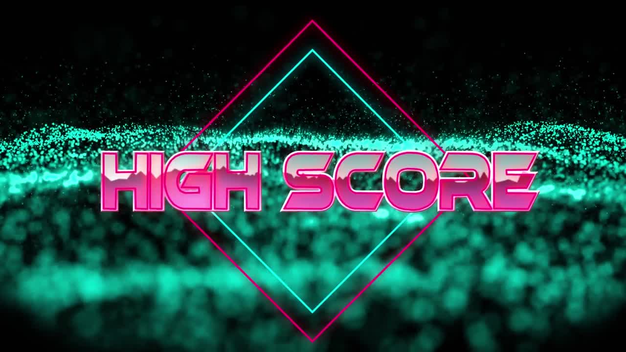 animación de la puntuación alta sobre formas en movimiento geométricas y ondas