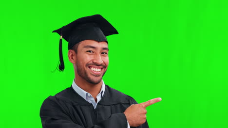 Pointing-man,-face-and-graduation-on-green-screen