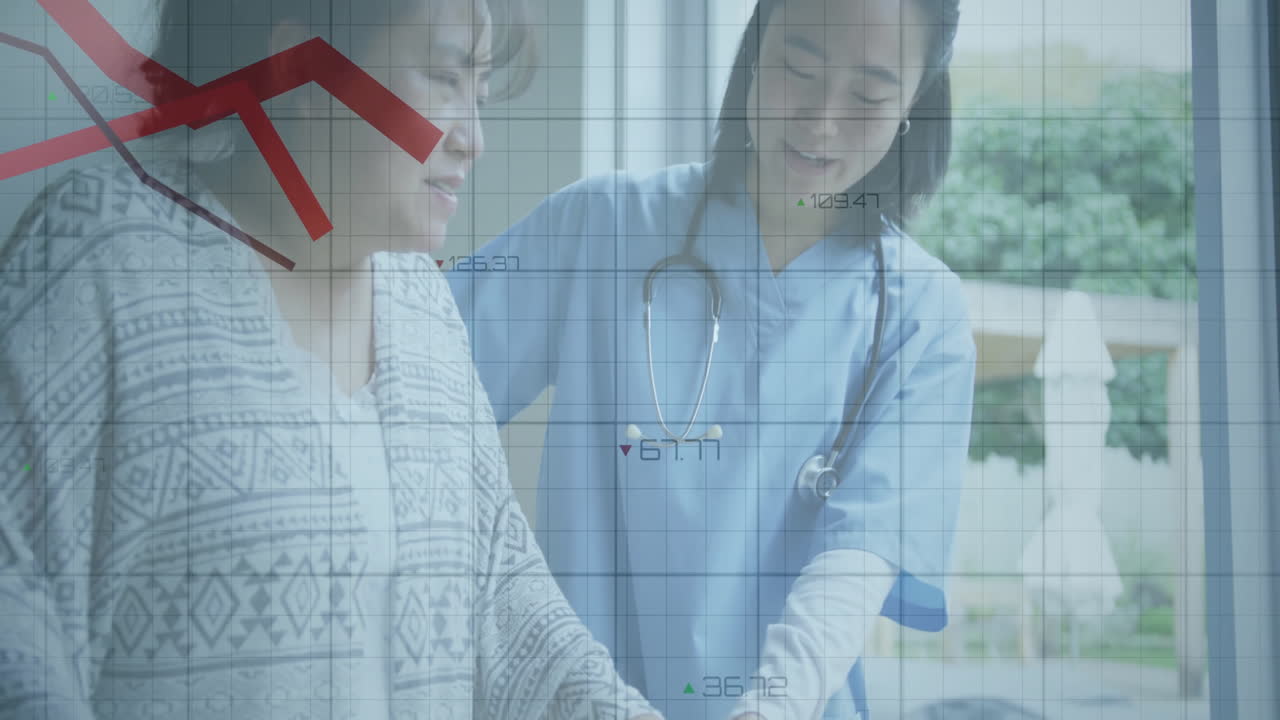 female nurse holding patient arm with stethoscope in clinic, showing animated vital sign charts
