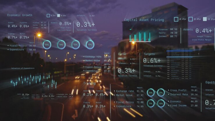 Animation of financial data processing over city