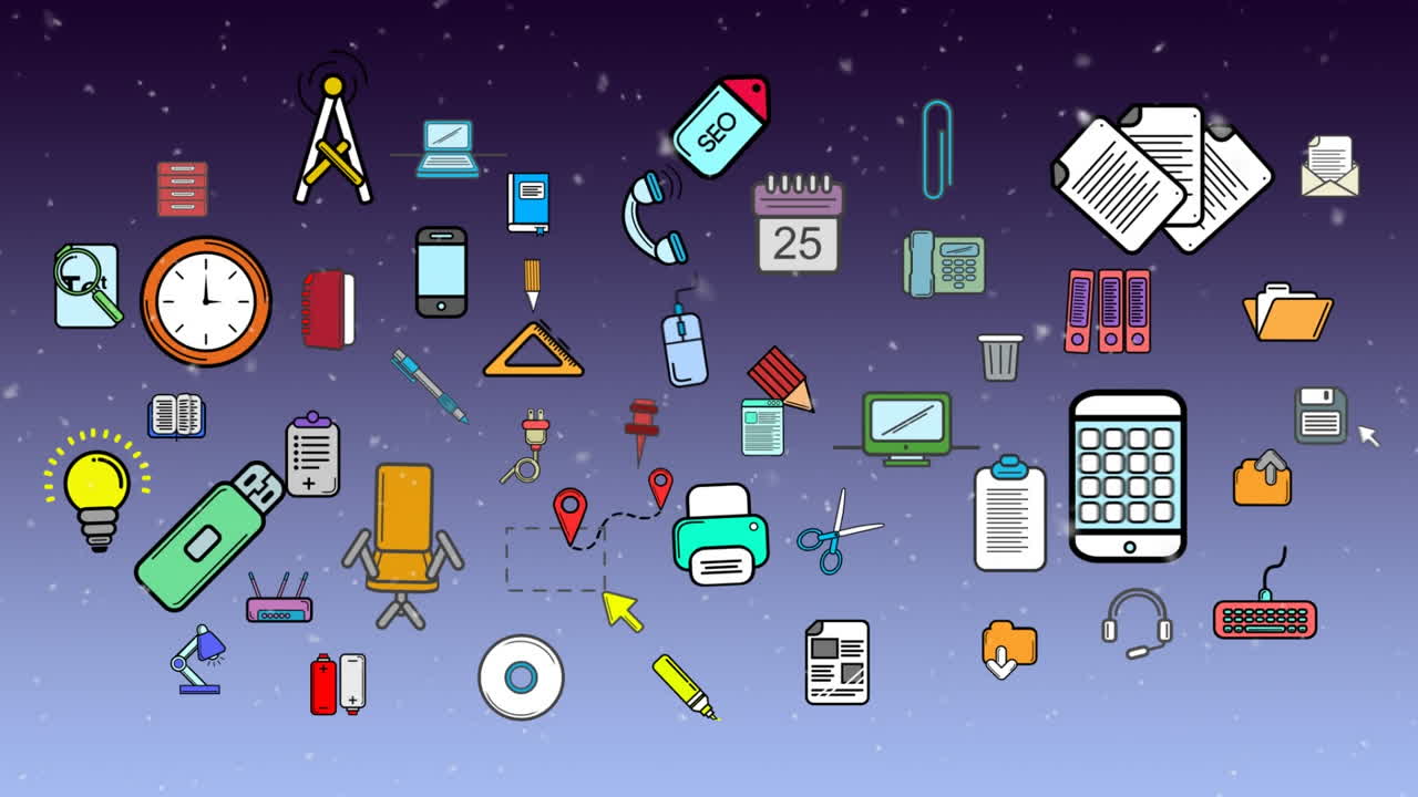 animación de los iconos de los artículos escolares en fondo púrpura