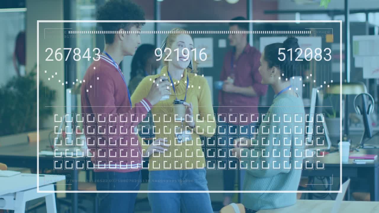 Vertical video: 3 coworkers chatting office holding coffee as data updating overlaying HUD metrics