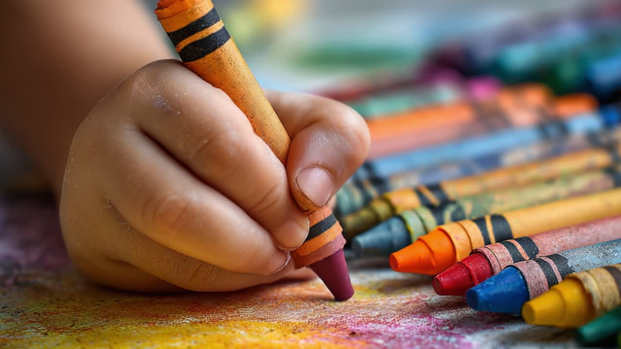 A Child's Creative Expression: Capturing the Joy of Coloring with Crayons in a Vibrant Artistic Scene Featuring a Hand and Colorful Tools