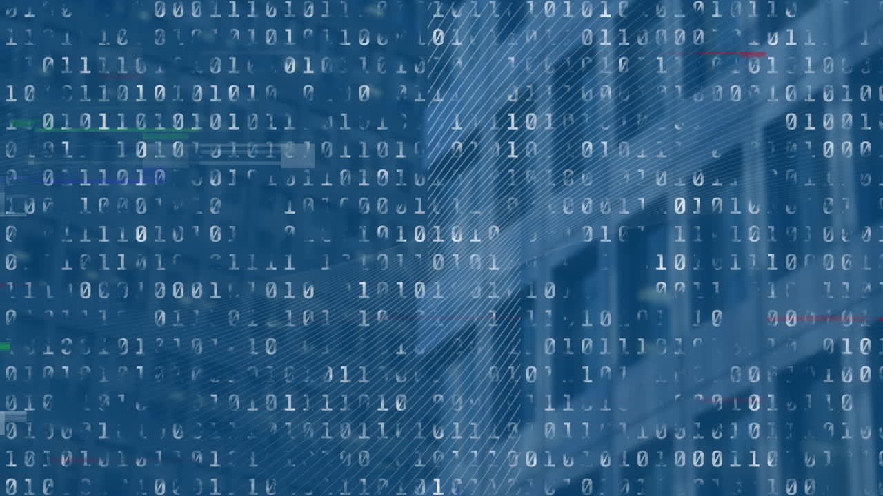 Animation of shapes and binary coding over cityscape