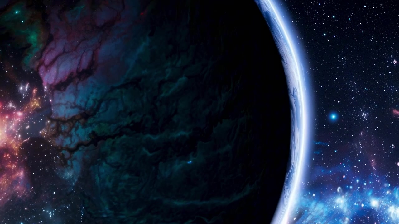 Cosmic Scene with Glowing Planet and Colorful Nebulae