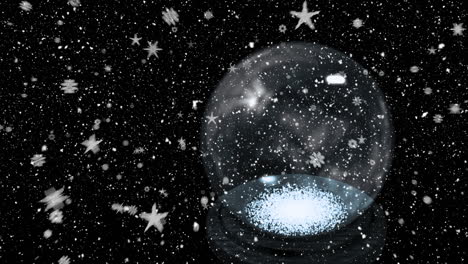 animation of snow falling over snow globe on black background