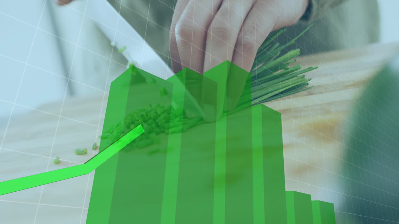 Woman chopping herbs on kitchen counter, 3D bar chart rising, line graph tracing finance metrics