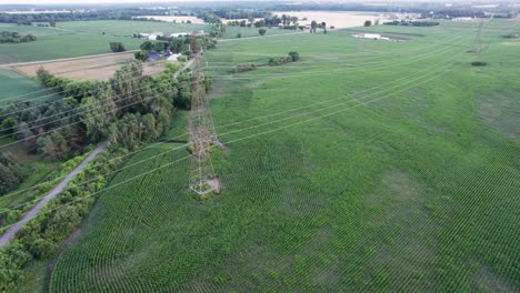 Descending-over-Power-Lines-Farm-Country-Brantford,-Ontario