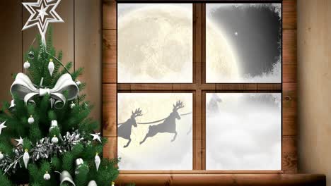 Santa-claus-and-reindeer-flying-over-moon,-window-view