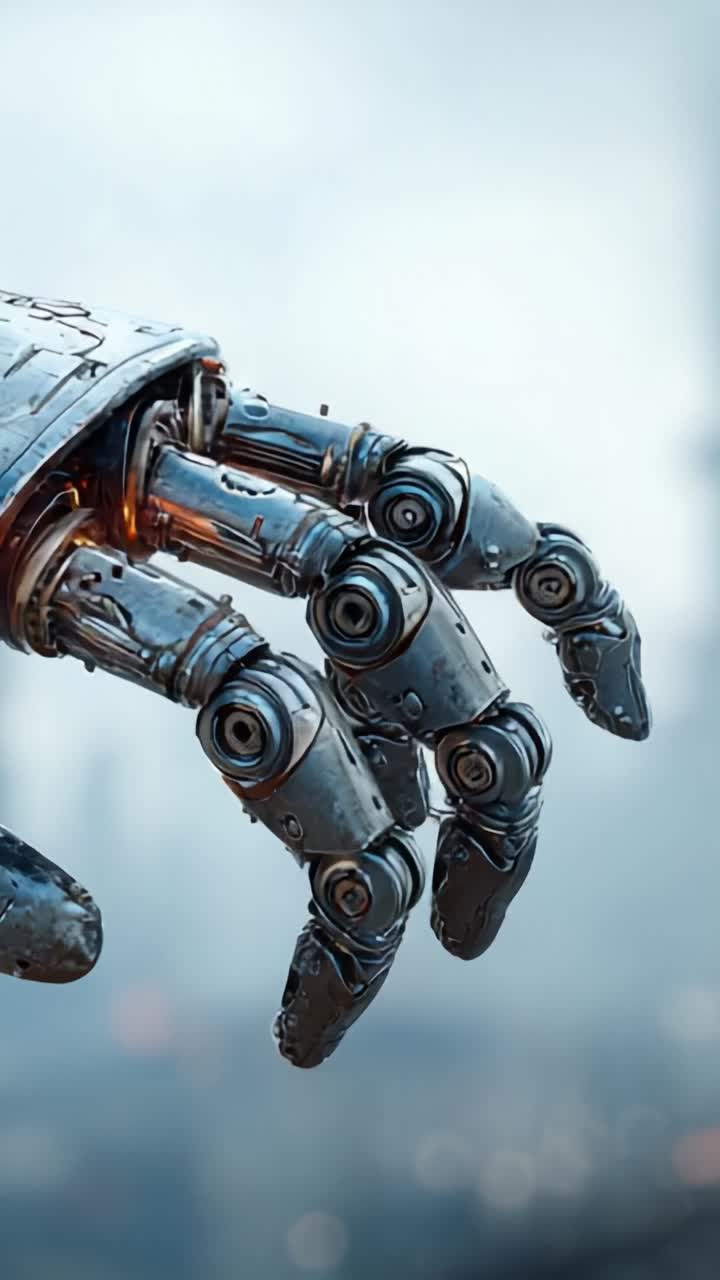 Una straordinaria evoluzione del design robotico che mostra un'intricata mano metallica con caratteristiche futuristiche illuminate da tenui riflessi arancioni