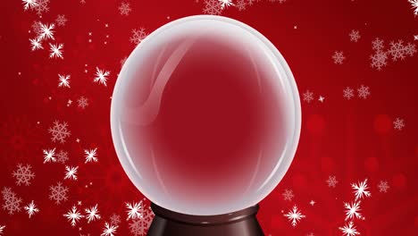 animation of snow falling over christmas snow globe on red background