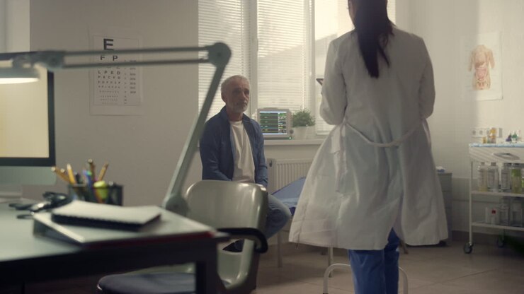 Arzt berät älteren Mann in Klinik. Ärztin spricht mit Seniorpatienten.