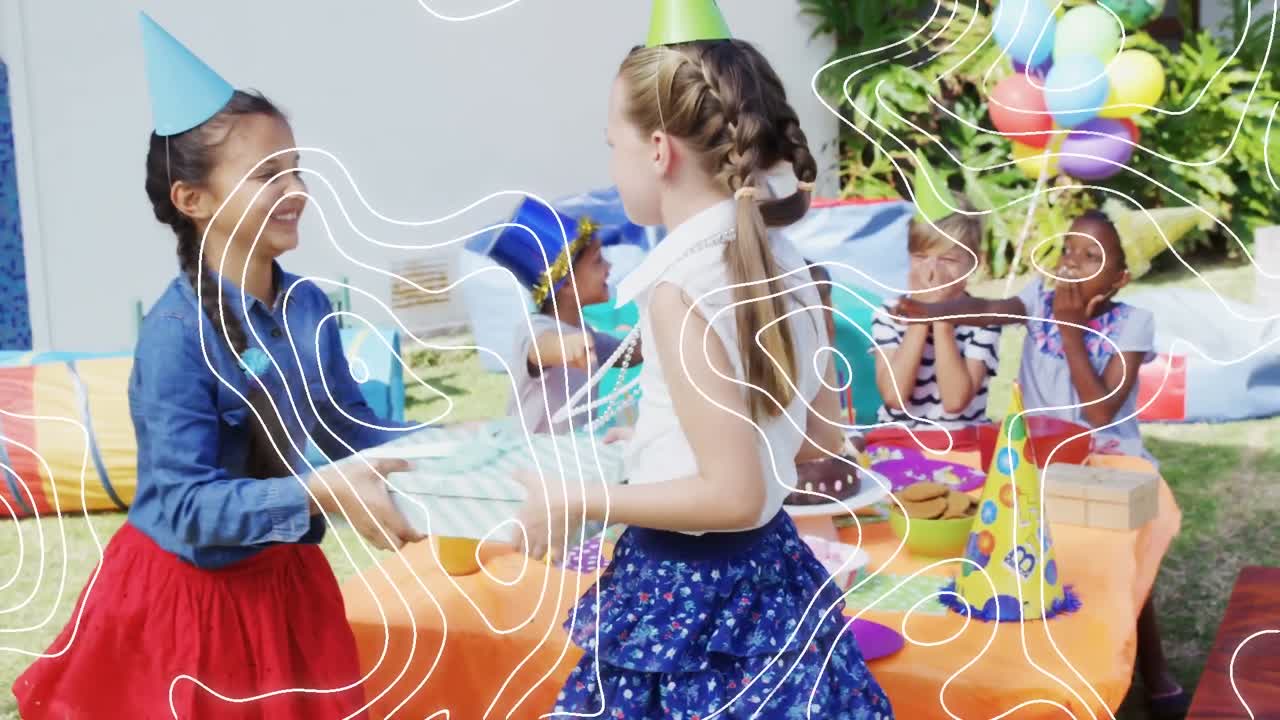 생일 파티에서 선물과 함께 다양한 아이들을 가로지르는  ⁇  선의 애니메이션