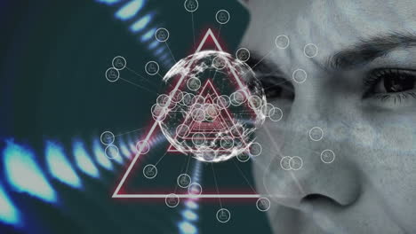 animation of globe with network of connections and triangles over woman's face