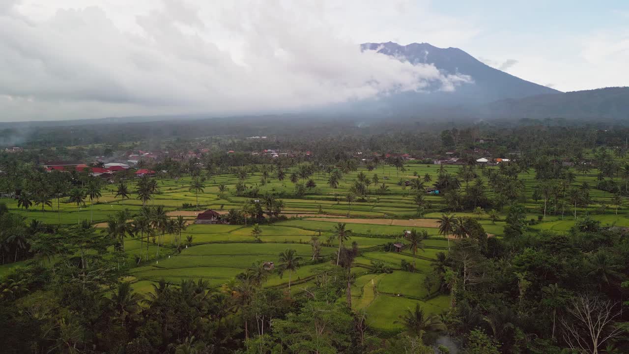 Aerial cinematic view of lush green rice fields stretching across Sidemen valley in East Bali, with Mount Agung rising in the background and morning light illuminating the tropical landscape