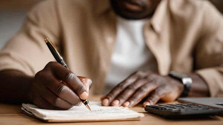 A Focused Individual Engaging in Document Writing with a Pen, Notepad, and Calculator in a Cozy Workspace Setting