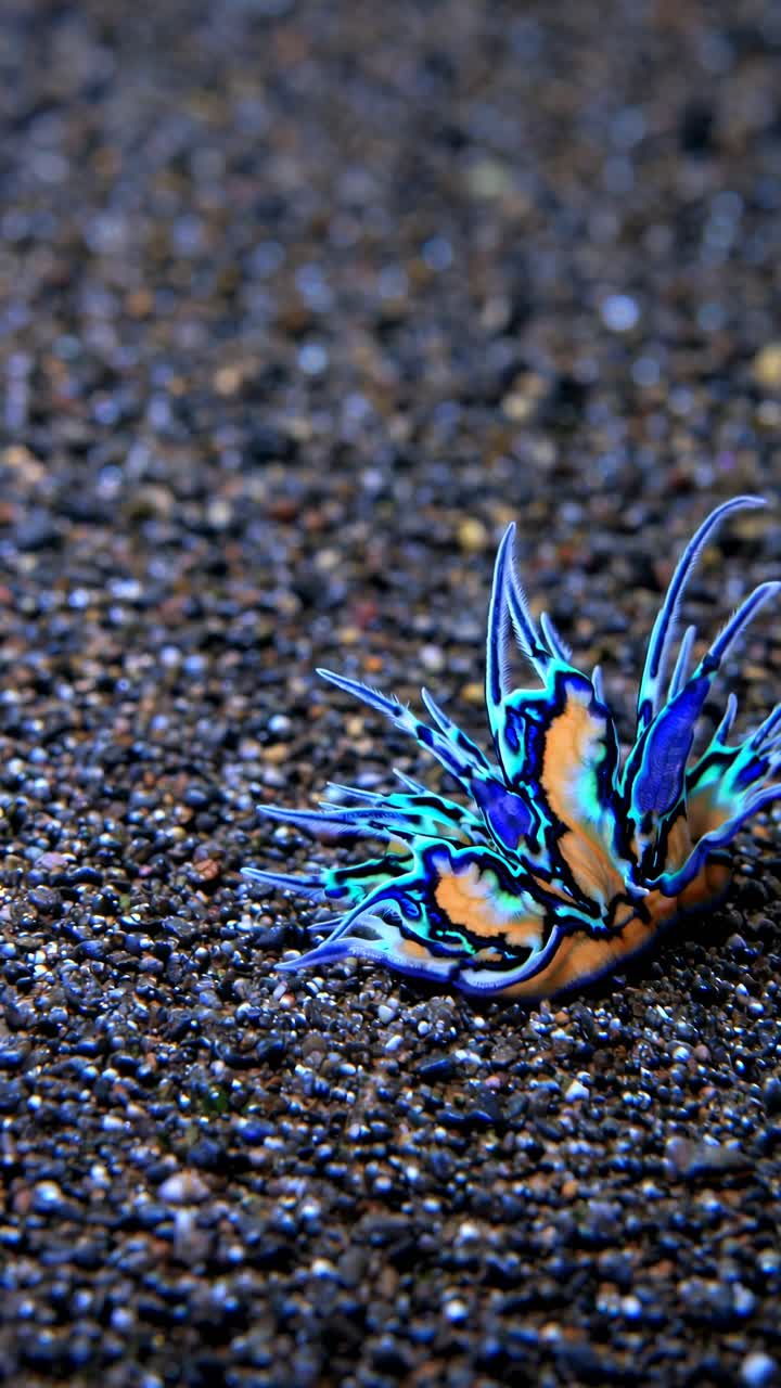 Close-up video angle of a vibrant, colorful sea slug on a textured, pebbly surface