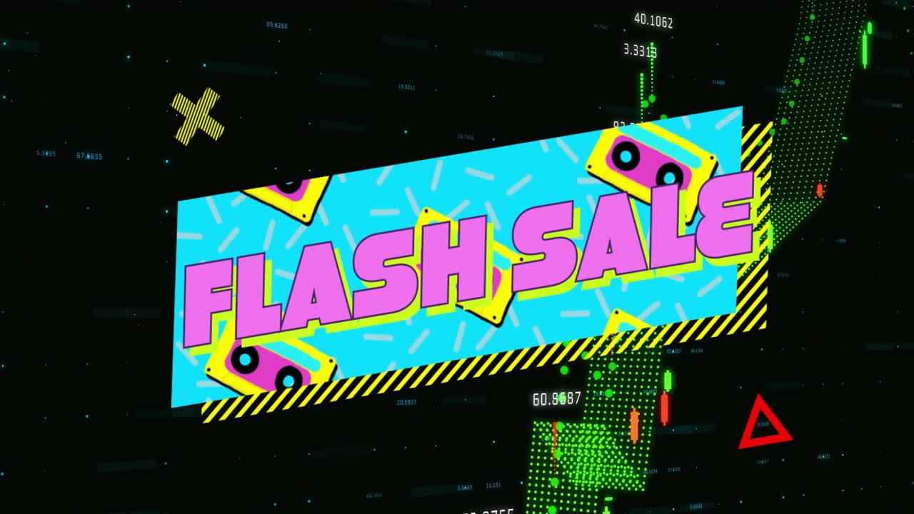 Tilted cyan FLASH SALE banner rotating in scene, showing yellow cassette icons, neon matrix data