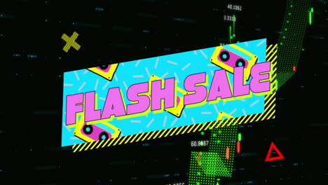 Tilted cyan FLASH SALE banner rotating in scene, showing yellow cassette icons, neon matrix data