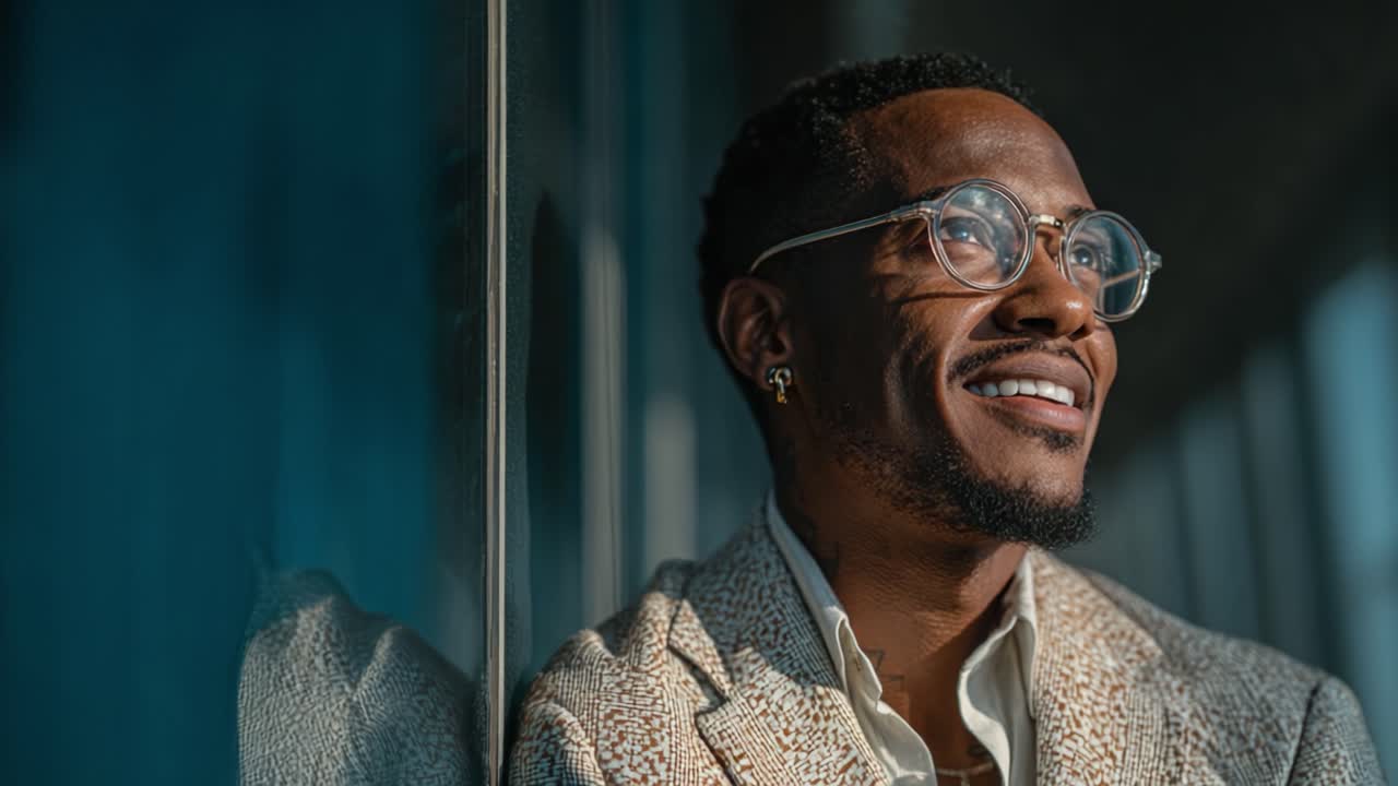 A Man Exudes Confidence and Joy as He Smiles Brightly While Leaning Against a Wall, Highlighting Modern Style and Charismatic Presence in a Captivating Moment