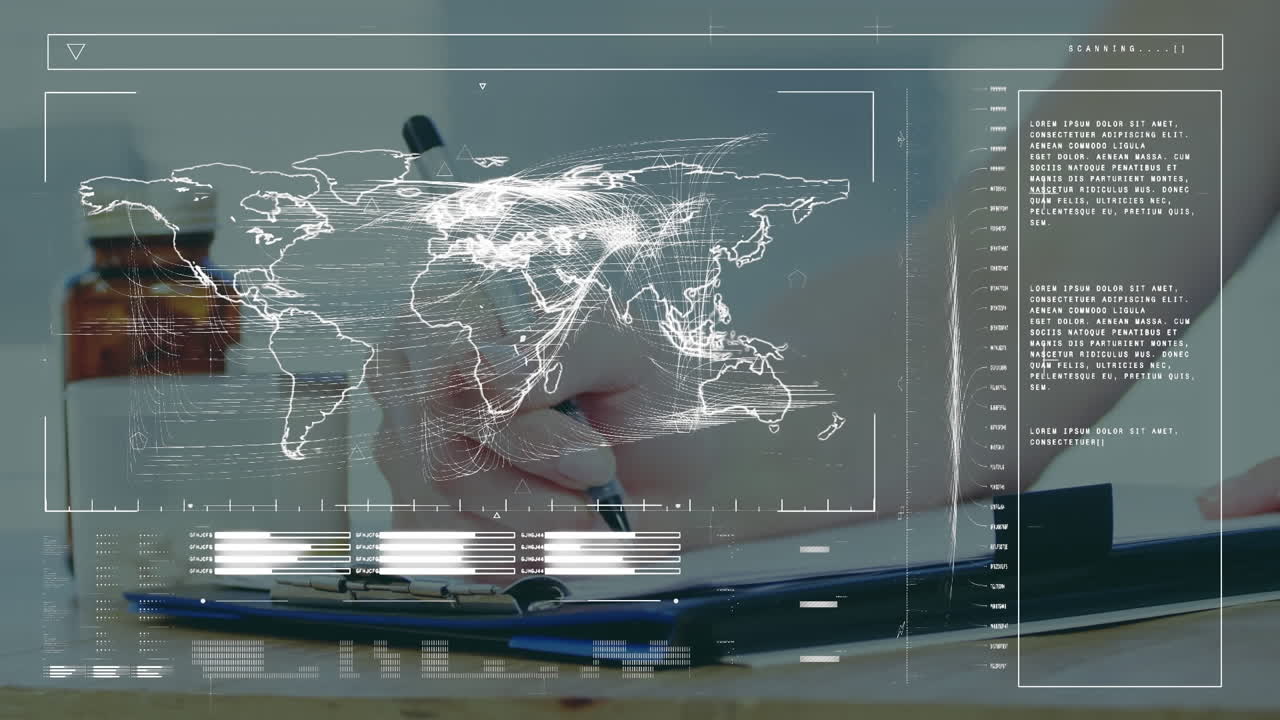 animación de barras de carga y mapa sobre la sección media de la chica caucásica escribiendo en el bloc de notas