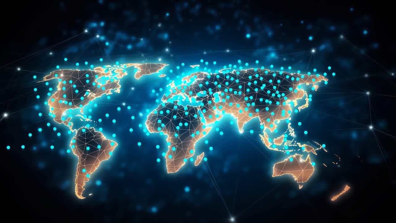 Futuristic world map with glowing network lines and nodes, viewed from a top-down angle
