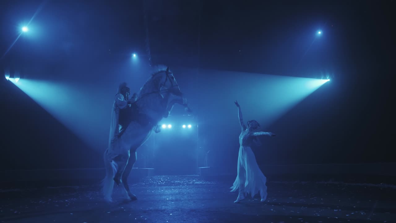 una chica con un vestido blanco levanta un caballo con un jinete bajo una hermosa iluminación, una actuación de circo. cámara lenta.