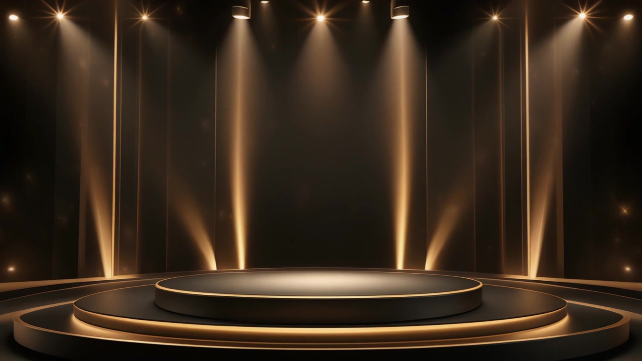 Palco circolare vuoto con illuminazione a riflettore dorato