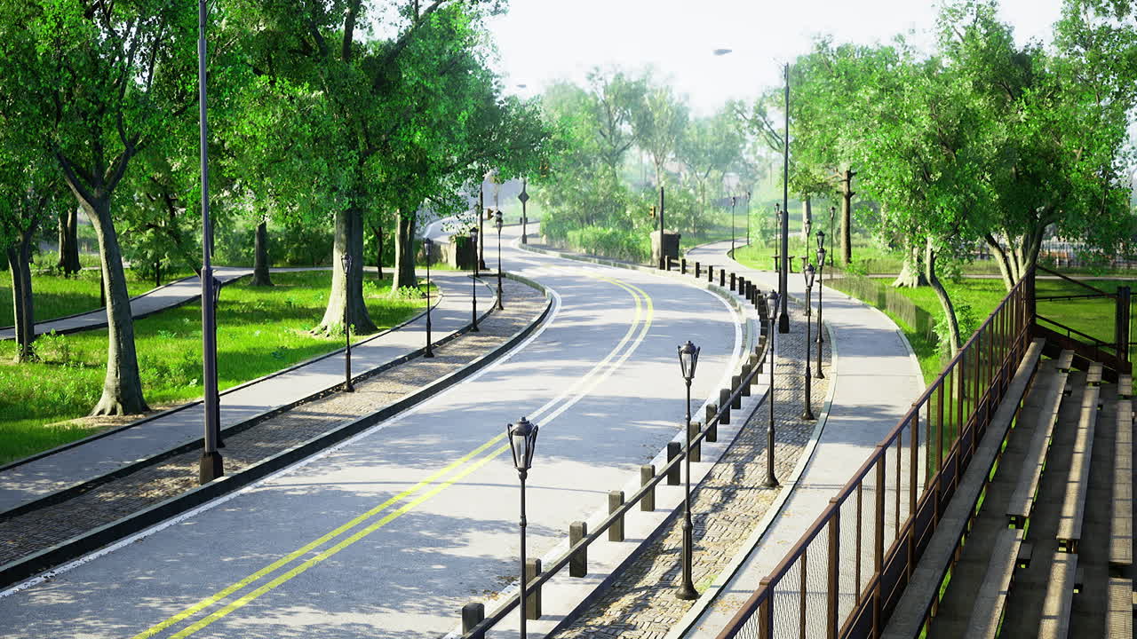 Winding pathway through a tranquil green park showcasing serene nature