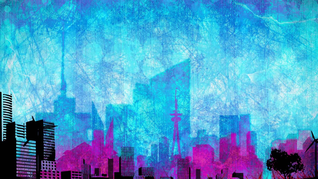 파란색, 분홍색, 검은색 바탕에 현대적인 건물과 함께 도시 풍경의  ⁇ 화