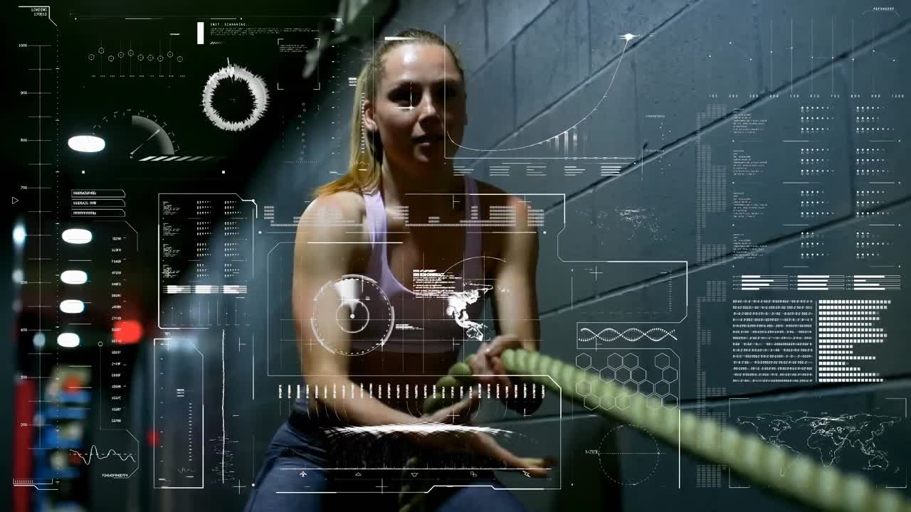 interfaz digital con procesamiento de datos contra mujer haciendo ejercicio con cuerda