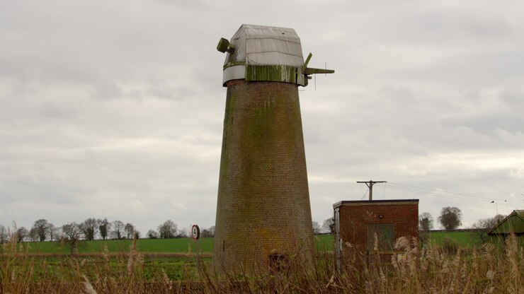Inquadratura laterale che guarda attraverso le canne una pompa idraulica a mulino a vento abbandonata dei Norfolk Broads sul fiume Ant, vicino al ponte di Ludham