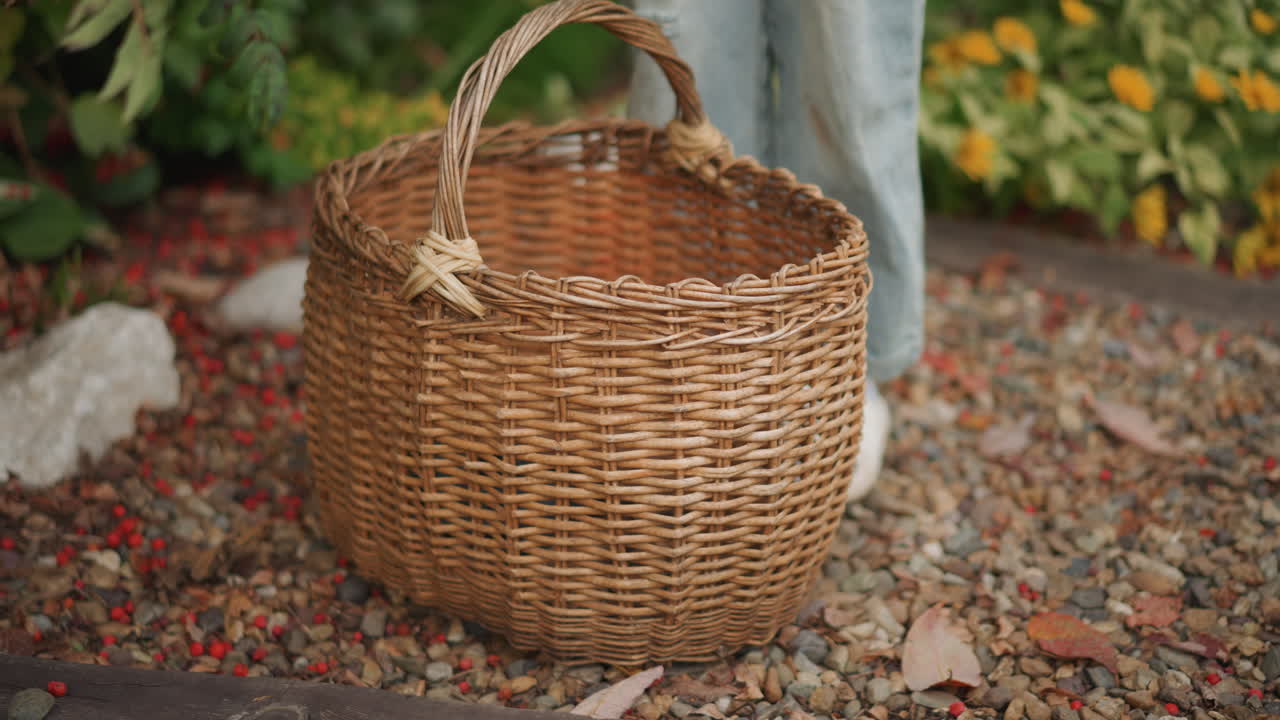 Arranjo de outono rústico. Recipiente de vime com decoração sazonal. Cena ao ar livre com cesta trançada e elementos de outono. Cenário natural exibindo cesta de vime entre folhas e pedras de jardim